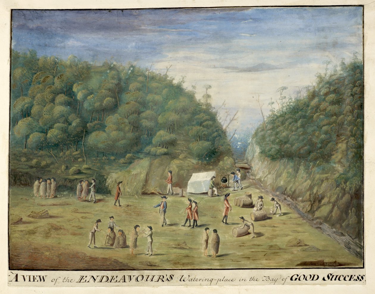 Add.23920， f.11 "火地岛好望角湾奋进号饮水处与当地人的景色"，1769 年 1 月（纸上水彩钢笔和墨水） 作者 亚历山大·布坎（Alexander Buchan）