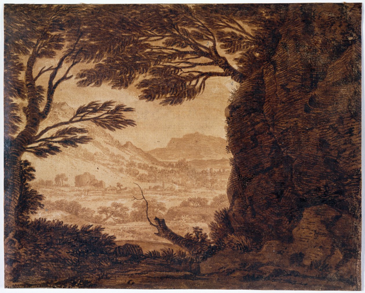 古典风景，18 世纪中叶（纸质棕褐色颜料） 作者 亚历山大·科曾斯