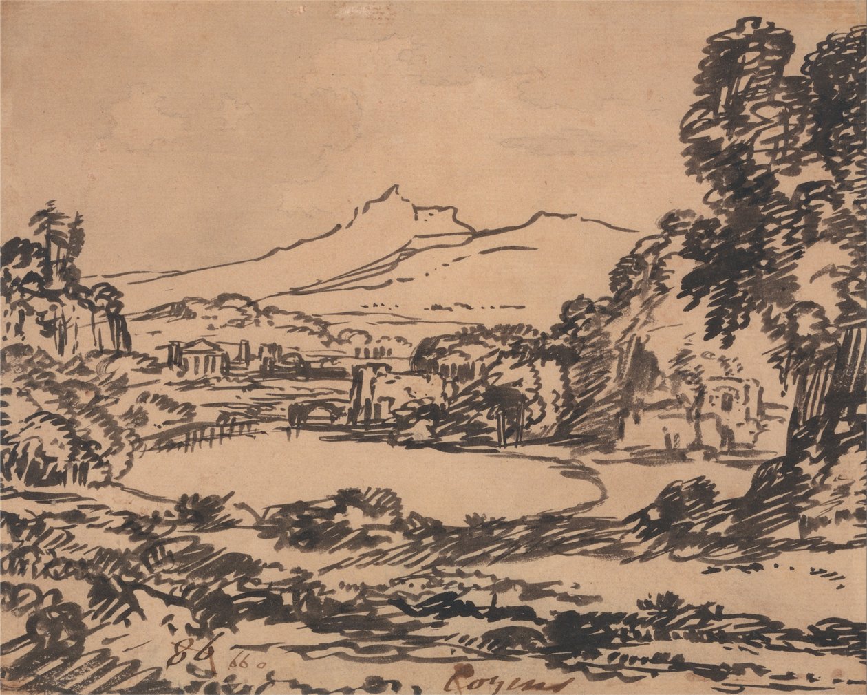 与湖和遥远的山脉景观 作者 亚历山大·科曾斯