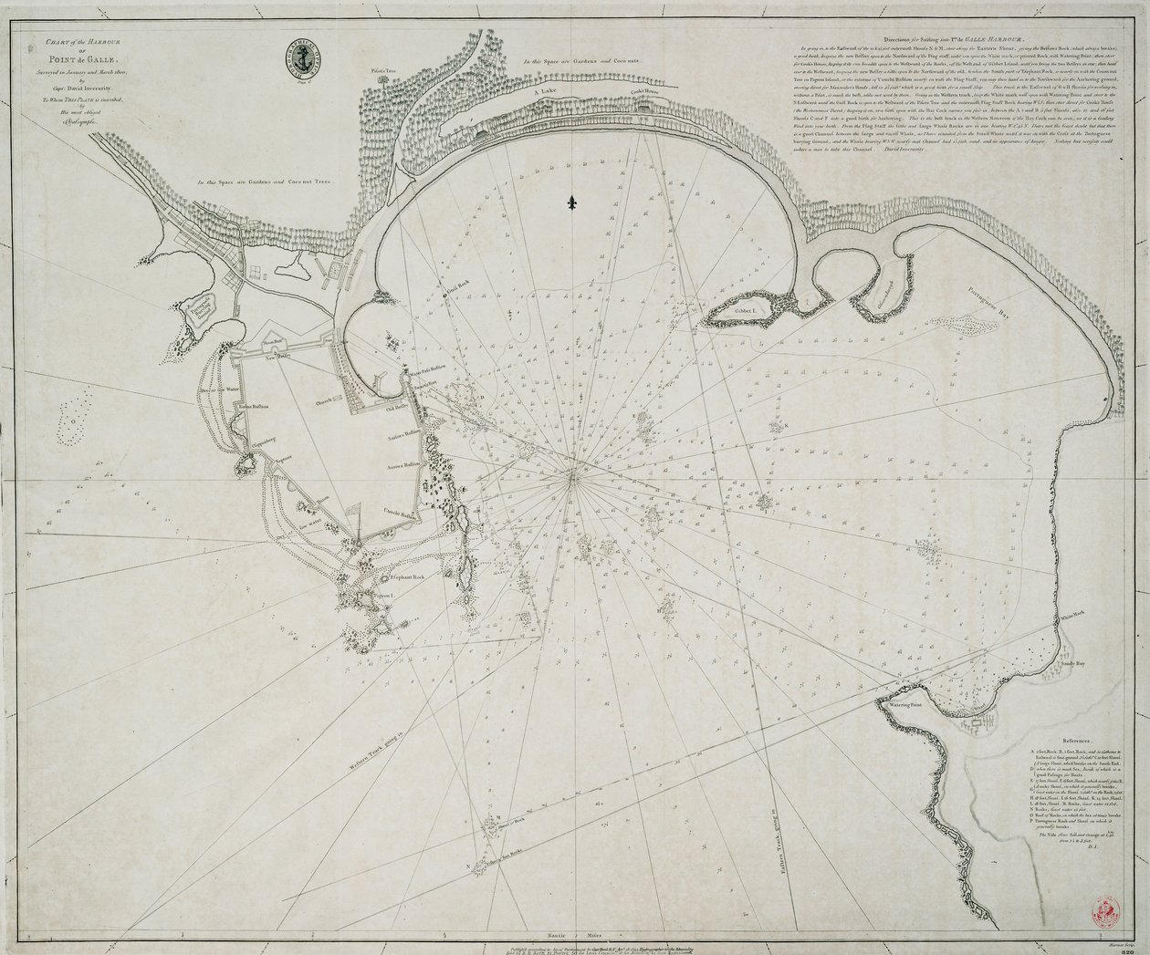 Point de Galle 港口海图。1800 年 1 月和 3 月，由戴维-因弗拉里蒂船长勘测。本版由戴维-英弗拉蒂船长（David Inverarity）亲笔题写。 作者 亚历山大·达尔林普尔