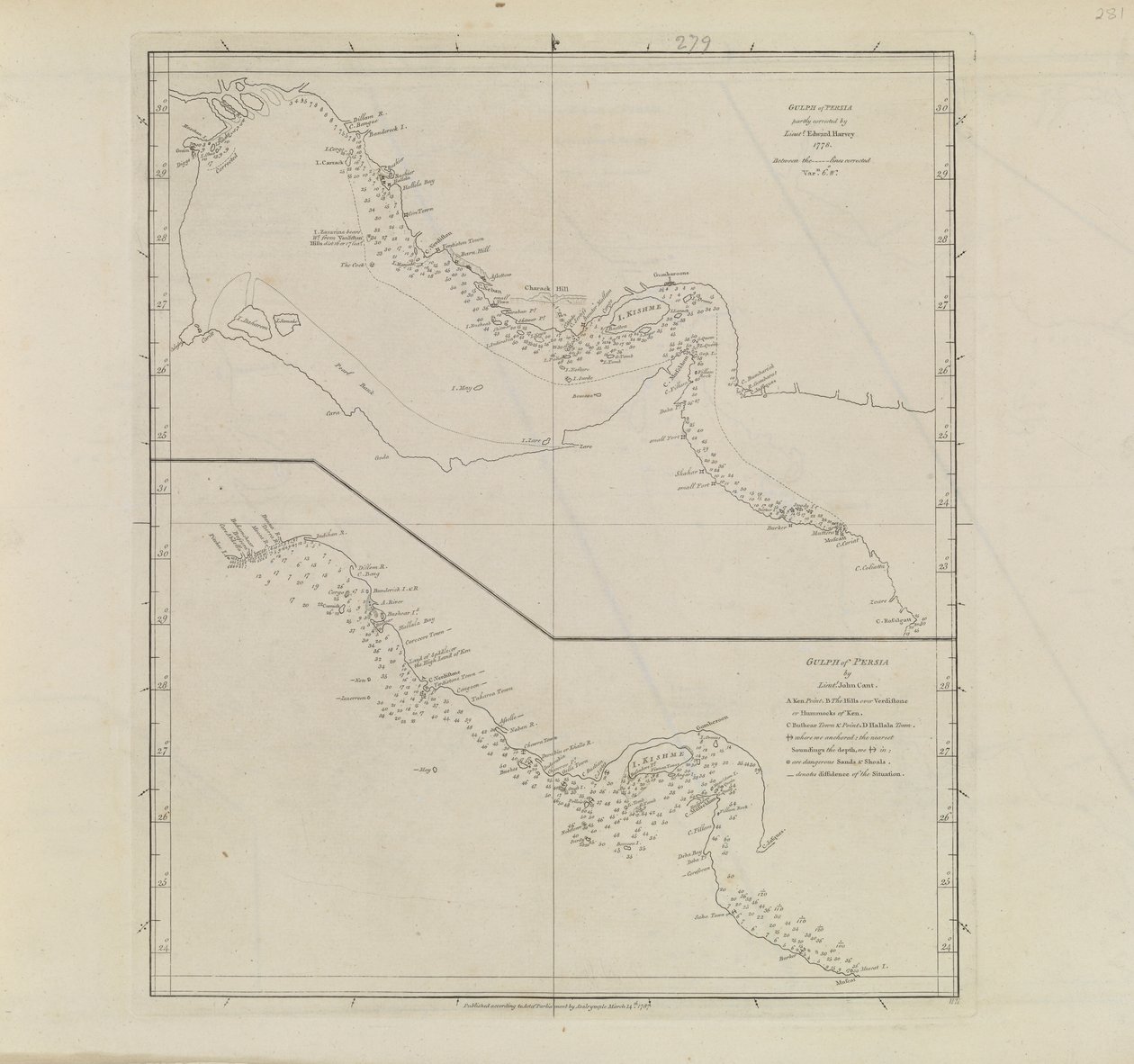 港口平面图，Dalrymple, Alexander 于 1791 年出版 ID 编号 41167-2001 波斯湾部分地区平面图，由 Edward Harvey 中尉于 1778 年进行部分校正 作者 亚历山大·达尔林普尔