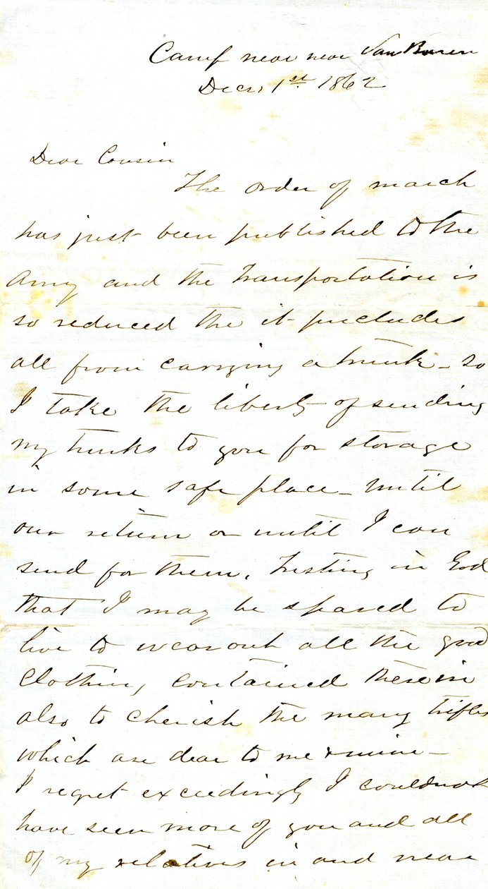 1862年12月1日署名为A.E. Steen的信，在范布伦附近的营地，给他的表妹玛丽-沃克夫人，阿肯色州范布伦。 作者 亚历山大·斯汀