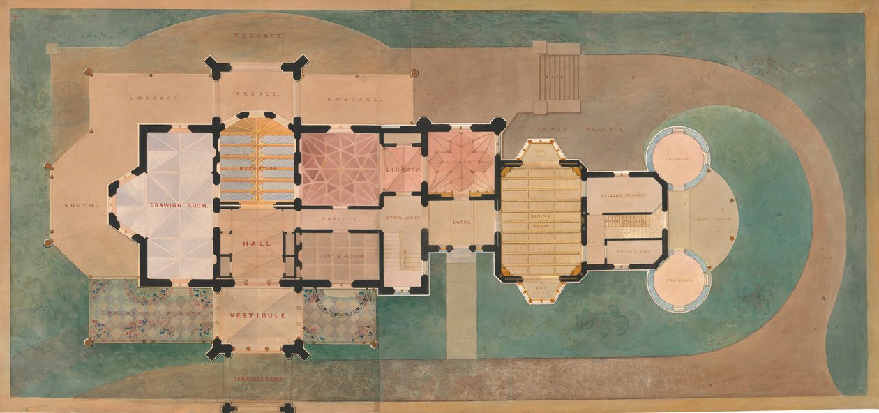 Lyndhurst for George Merritt, Tarrytown, New York 一楼平面图，1865年。 作者 亚历山大杰克逊戴维斯