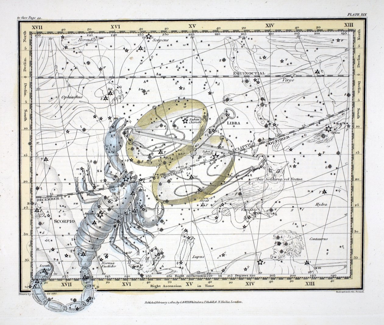 星座（Plate XIX）天秤座和天蝎座，来自亚历山大·贾米森（Alexander Jamieson）的“天体地图集”（A Celestial Atlas）。伦敦1822年（手工彩色雕刻） 作者 亚历山大·杰米森