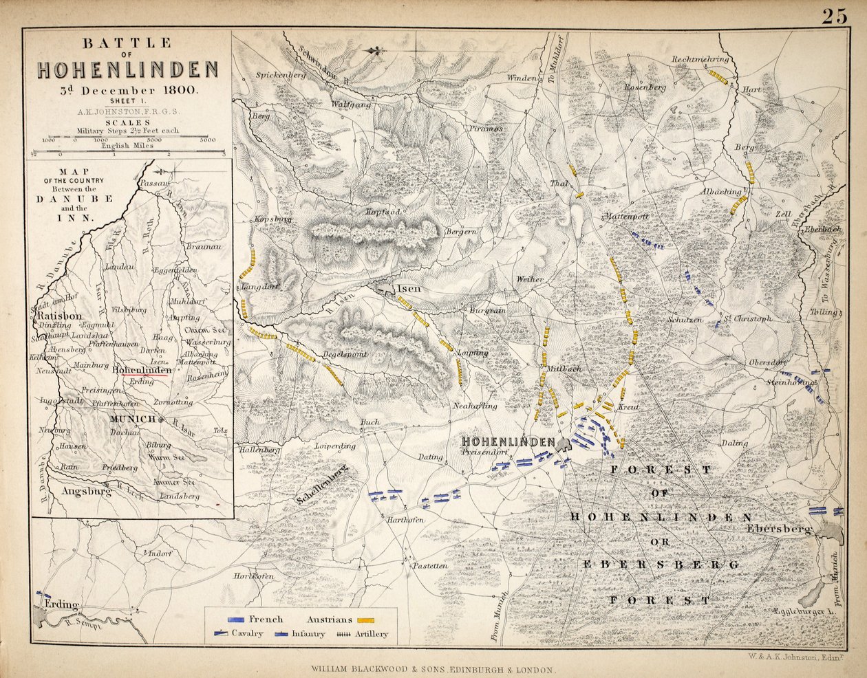 1848年威廉·布莱克伍德和儿子，爱丁堡和伦敦出版的Hohenlinden战役地图（手工彩色雕刻） 作者 亚历山大·基思·约翰斯顿
