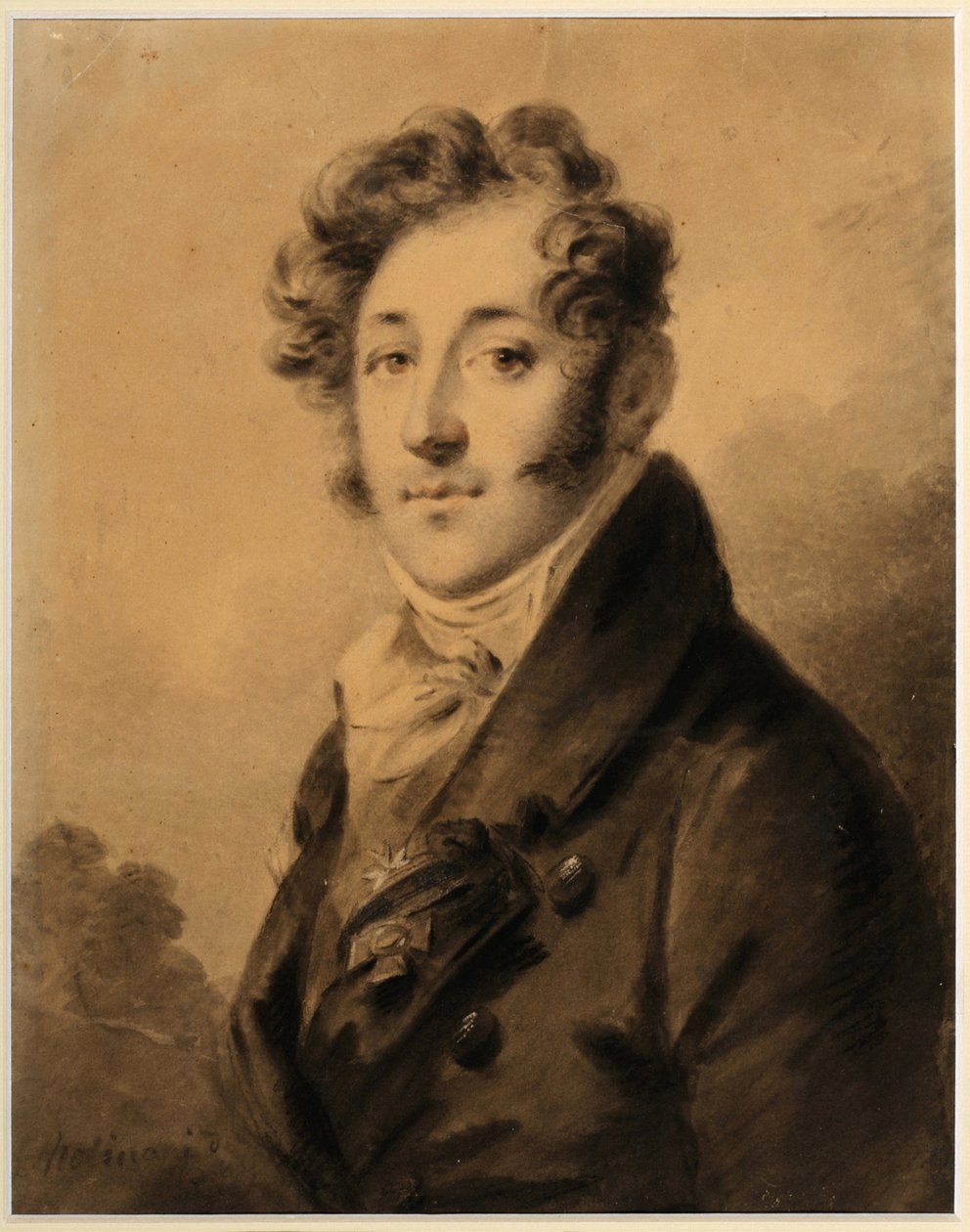 康斯坦丁·雅科夫列维奇·布尔加科夫肖像 (1782-1835) - 亚历山大·莫利纳里 (1772-1831) 的作品，纸上血色和粉笔，约 1800 年，28x22.3 厘米 - （康斯坦丁·雅科夫列维奇·布尔加科夫肖像，血色，黑色粉笔和白色 作者 亚历山大·莫里纳里