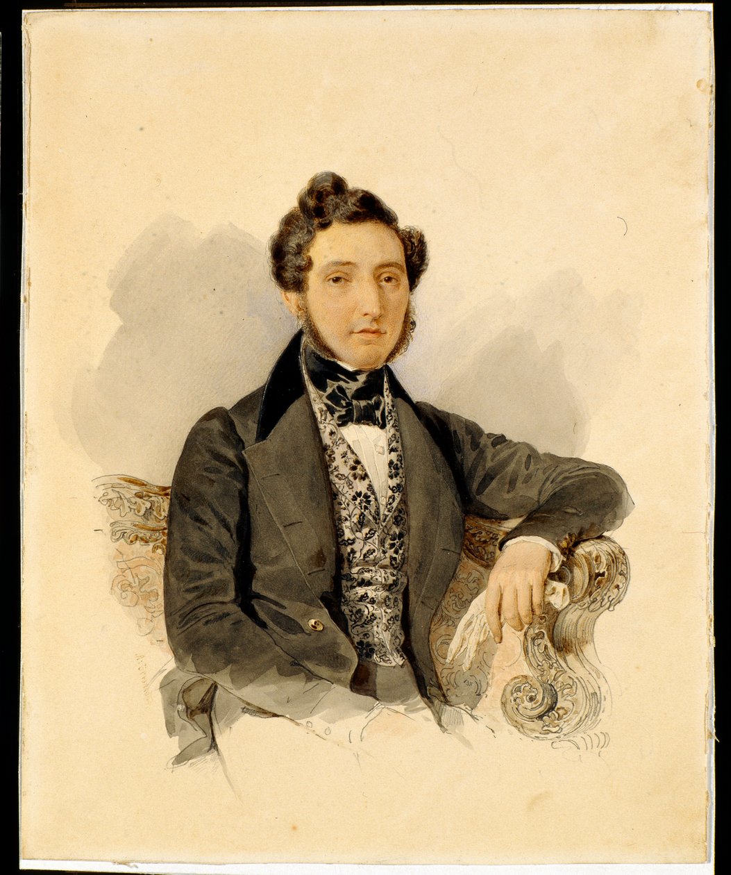 尼古拉-米哈伊洛维奇-多瑙洛夫（1806-1849 年）肖像 - Alexander Briullov (Brioullov) (1798-1877 年) 创作的纸上水彩画 作者 亚历山大·帕夫洛维奇·布留洛夫