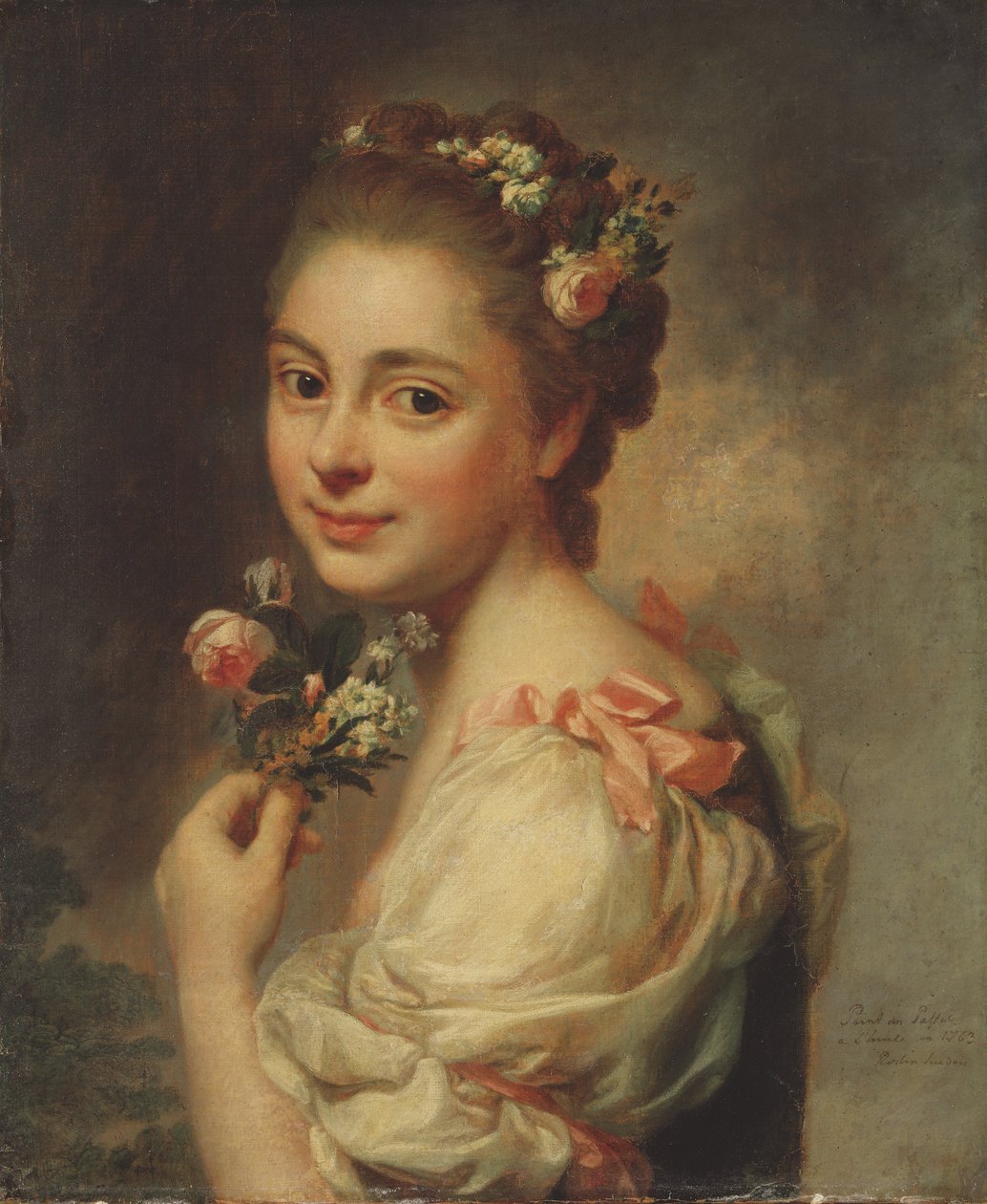Marie Suzanne Giroust Roslin (1734-1772)，法国画家和粉彩画家，艺术家的妻子 - Marie-Suzanne，艺术家的妻子，由 Roslin, Alexander (1718-1793) 创作。 丝绸上的粉彩 作者 亚历山大·罗斯林