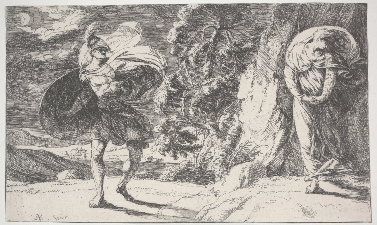 Fingal遇到Carbon Carglass，约1773年首次印刷（蚀刻画）。 作者 亚历山大·朗西曼