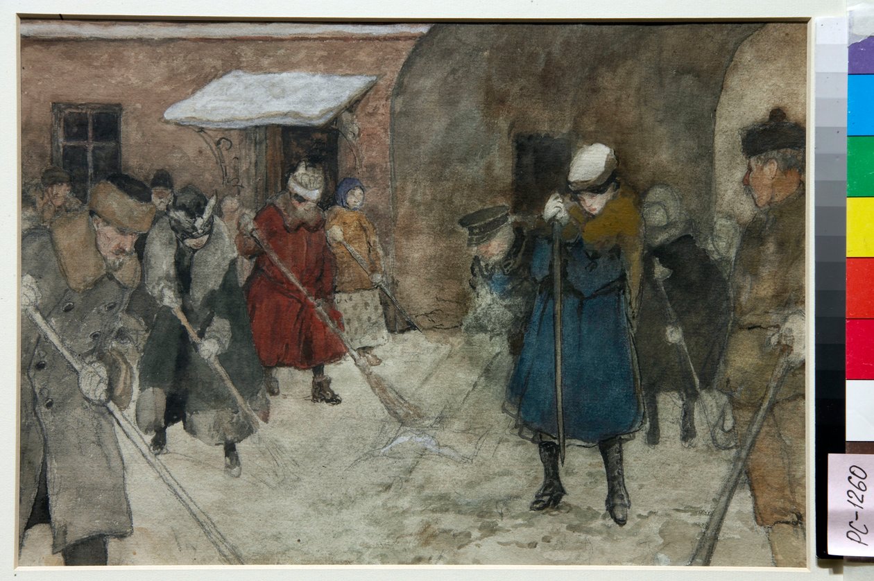 Des gens balayent la neige dans une rue en hiver - Oeuvre de Alexander Ivanovich Vakhrameyev (1874-1926), vers 1921 - 除雪 - 纸上水彩，白色，黑色粉笔，作者Alexander Ivanovich Vakhrameyev (1874-1926), 约1921年 - 21.4x29.5 cm - St 作者 亚历山大·瓦赫拉梅耶夫