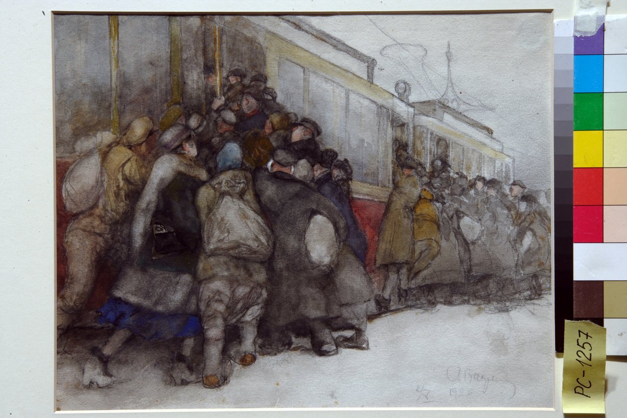 Des gens essayent de monter dans un tramway deja plein - Oeuvre de Alexander Ivanovich Vakhrameyev (1874-1926) 作者 亚历山大·瓦赫拉梅耶夫