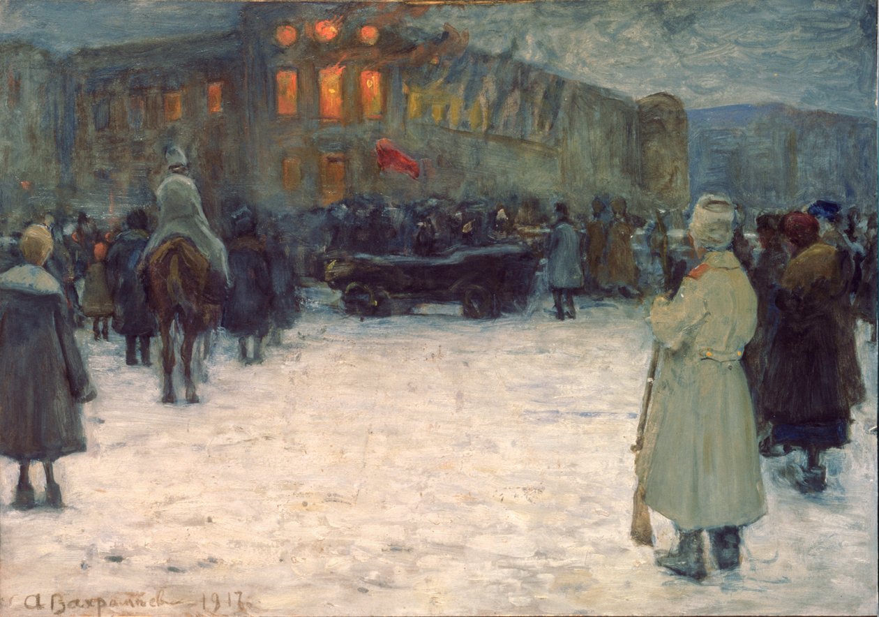 Un incendie au chateau lituanien, Revolution de fevrier 1917, Saint Petersbourg（立陶宛城堡火灾，1917 年 2 月革命，圣彼得堡）- Oeuvre de Alexander Ivanovich Vakhrameyev (1874-1926)，纸上水粉画 作者 亚历山大·瓦赫拉梅耶夫