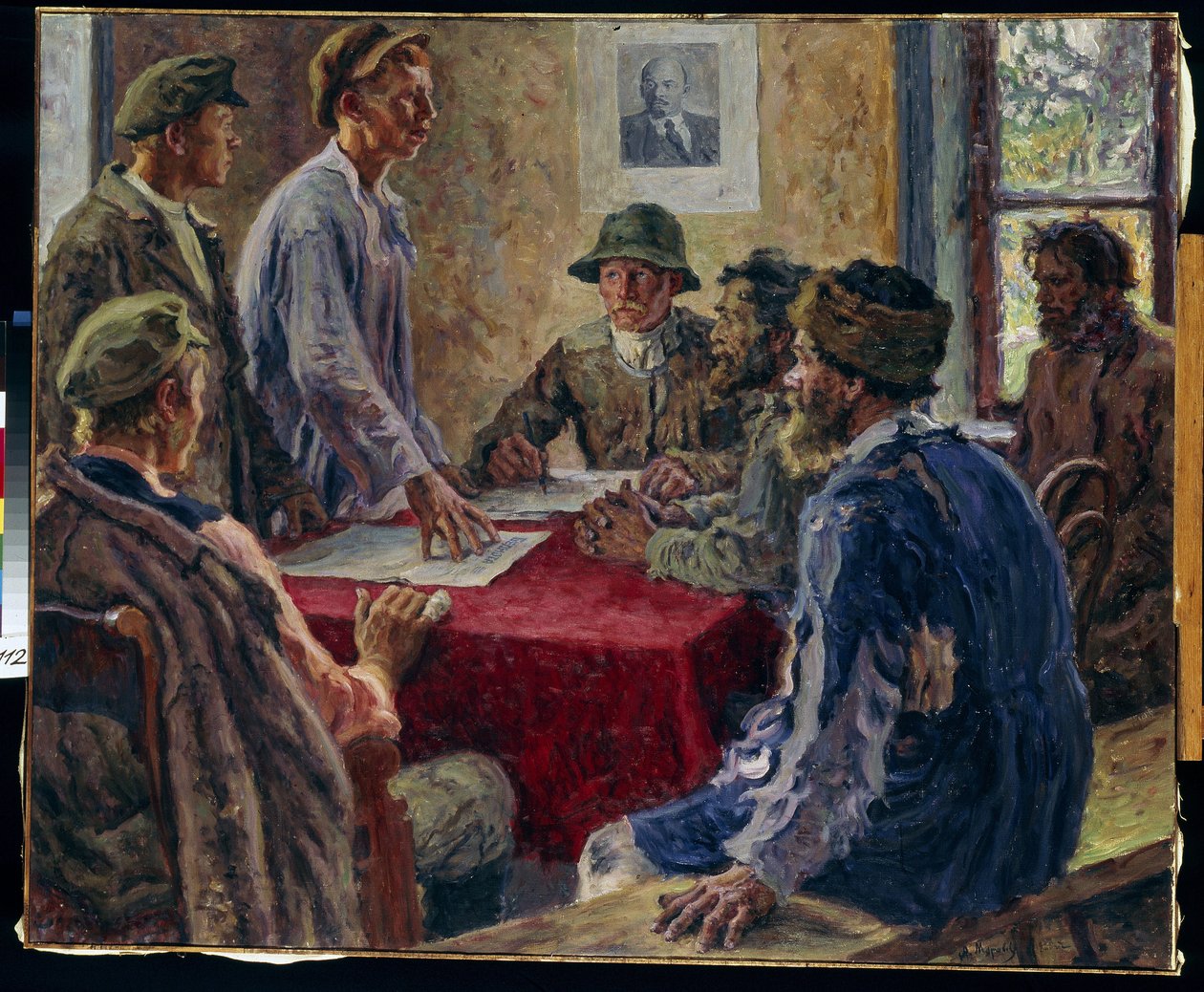 1918 年贫苦农民委员会的一次会议。亚历山大-维克托罗维奇-莫拉沃夫（亚历山大-维克托）（1878-1951 年）的画作，布面油画 作者 亚历山大·维克托罗维奇·莫拉沃夫