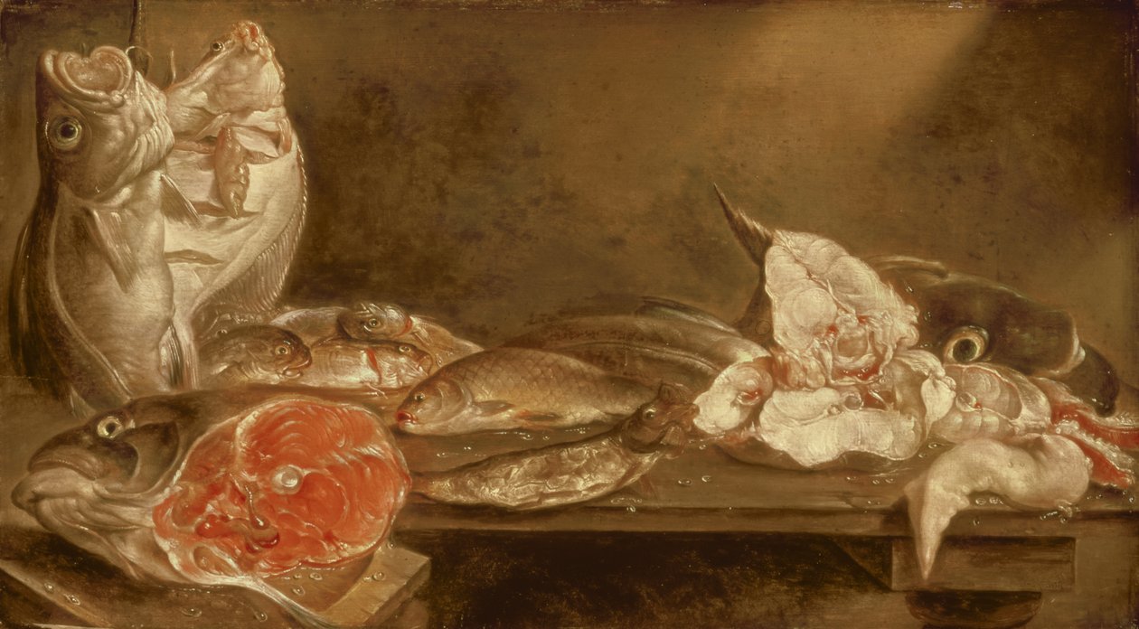 静物与鱼，1640年 作者 亚历山大·范·阿德里亚森（Alexander van Adriaenssen）