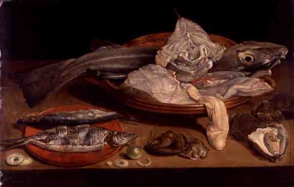 鱼和牡蛎的静物（面板油画） 作者 亚历山大·范·阿德里亚森（Alexander van Adriaenssen）