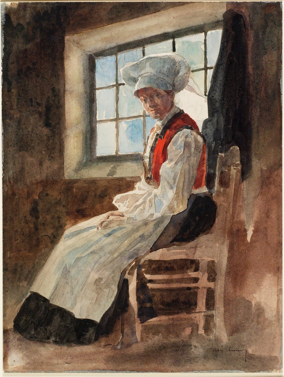 内部的斯堪的纳维亚农民妇女，c.1906（与卡上的石墨wc） 作者 亚历山大·卢诺瓦（Alexandre Lunois）