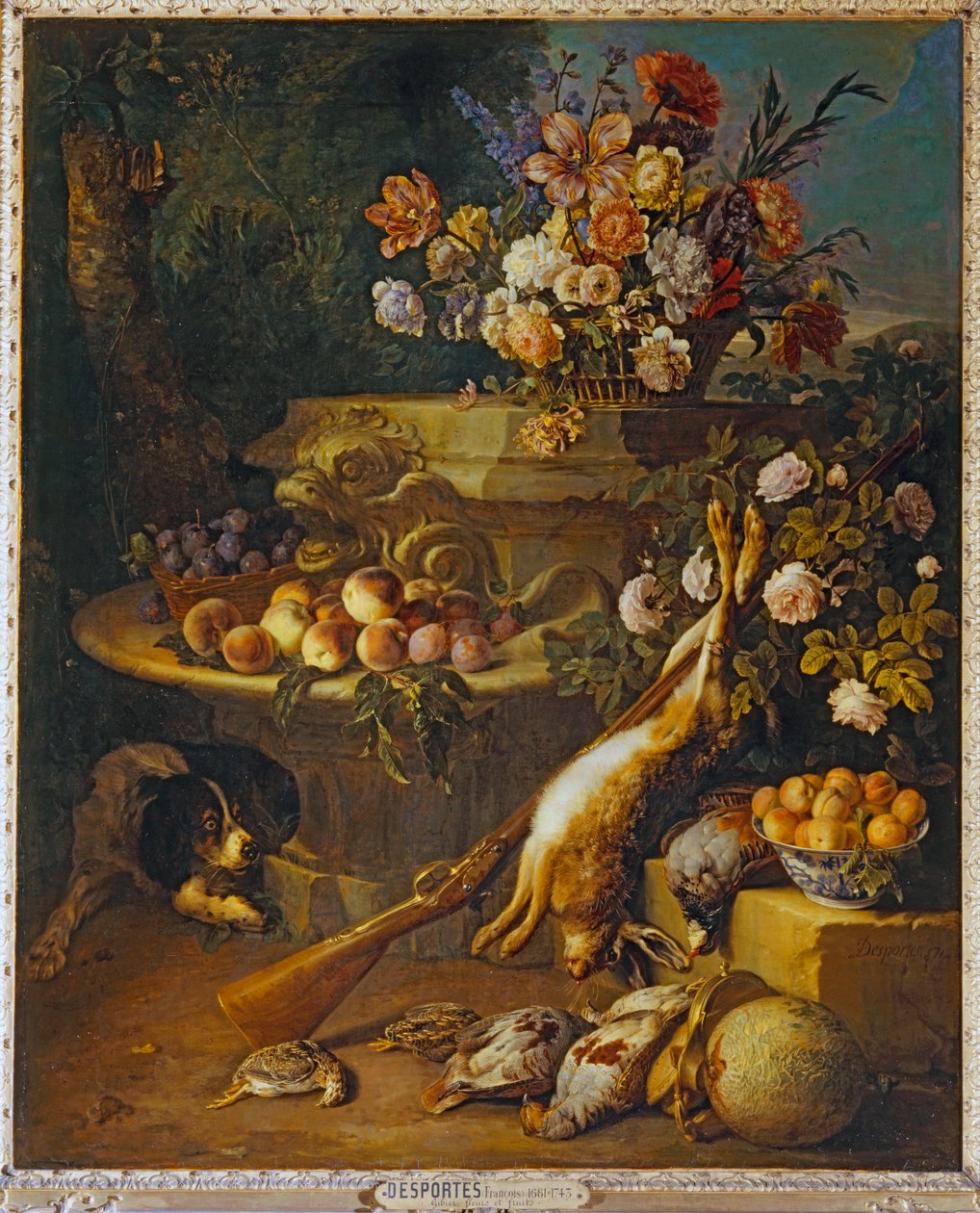Gibier mort, fruits, fleurs et un chien - 死亡游戏、水果、鲜花和一只狗... 作者 亚历山大-弗朗索瓦·德斯波特斯