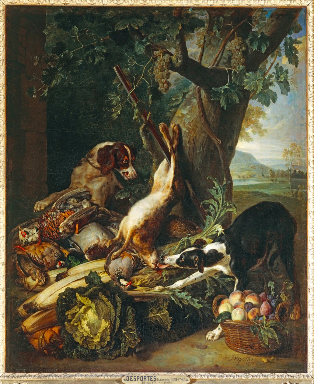 Gibier mort, legumes, fruits et deux chiens - 死物、蔬菜、水果和两只狗 ... 作者 亚历山大·弗朗索瓦·德斯波特斯