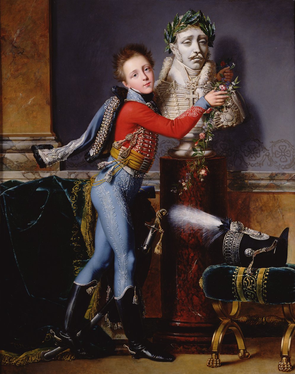 Edouard Cesar de Laborde的肖像用鲜花绘制他父亲的半身像，1817年画布油画 作者 亚历山大·让·杜波依斯（Alexandre Jean Dubois）Drahonet