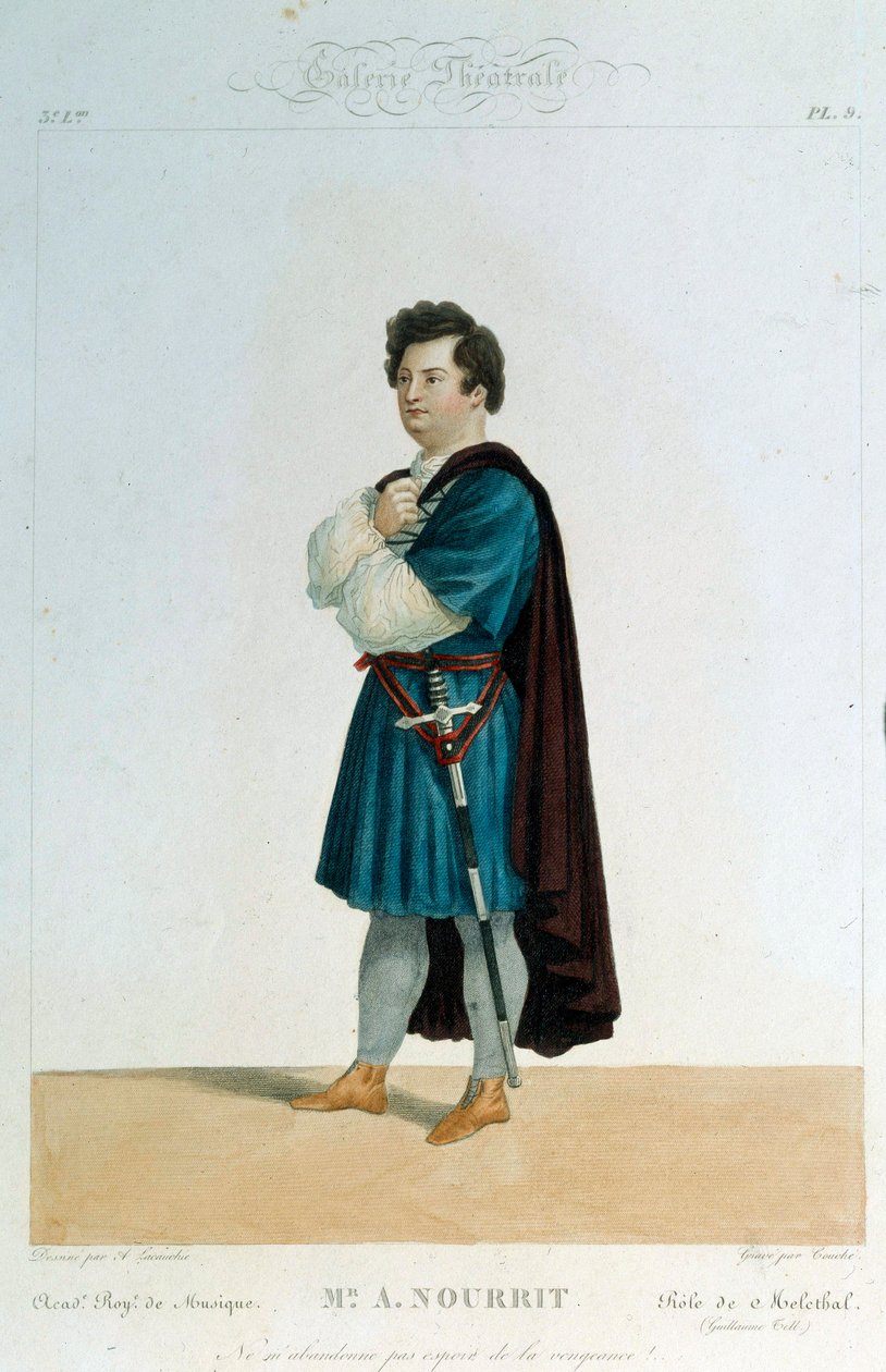 法国男高音阿道夫·诺里特 (1802-1839) 在乔阿奇诺·罗西尼 (1792-1868) 的歌剧《纪尧姆·泰尔》(威廉·泰尔) 中饰演梅莱赫塔尔。 Alexandre Lacauchie（19 世纪）在巴黎绘制的插图。 歌剧博物馆图书馆 作者 亚历山大（后）拉考奇