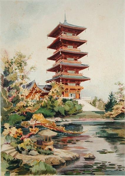 位于比利时拉肯的皇家公园的日本塔，来自Orientalisme et Architecture Contemporaine，由Jules Adolphe Chauvet（b.1828）雕刻（另见171915,172965,172990） 作者 亚历山大·奥古斯特·路易斯·马塞尔
