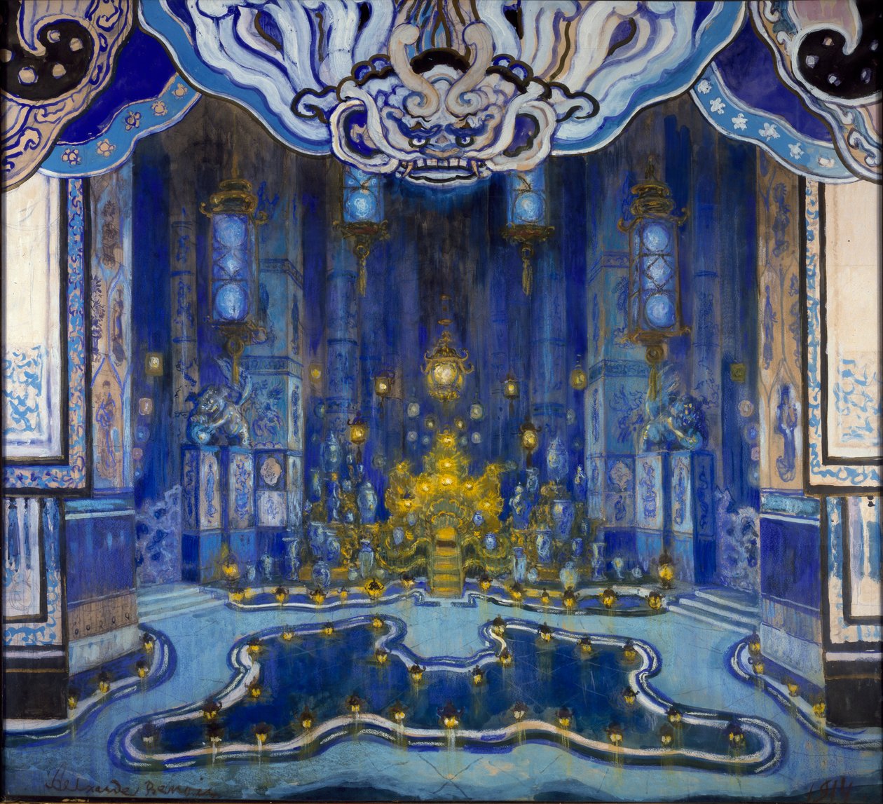 为 "Le Rossignol "的 "La Salle du Trone "的装饰设计，1914年 作者 亚历山大·贝诺瓦