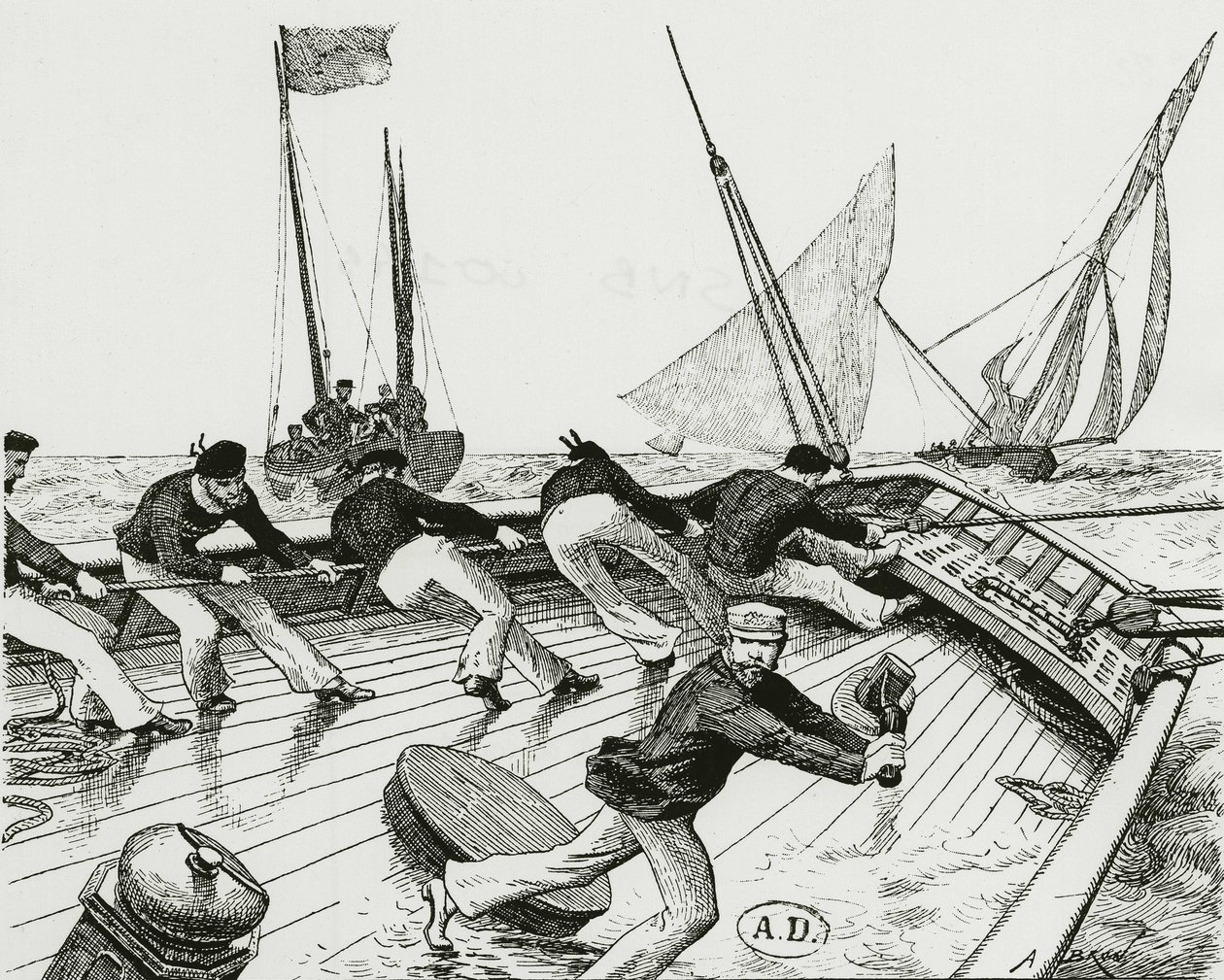 帆船比赛。Le turn du Bateau-Buoée - A. Brun的绘图，Bibl.des Arts deco。 作者 亚历山大·布伦