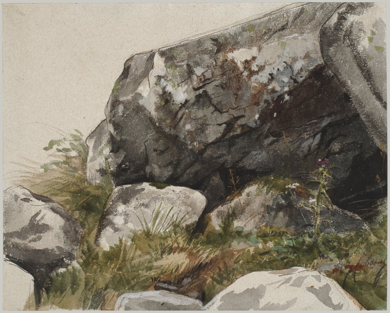 岩石景观（水彩、墨水和炭笔） 作者 亚历山大·卡巴内尔（Alexandre Cabanel）