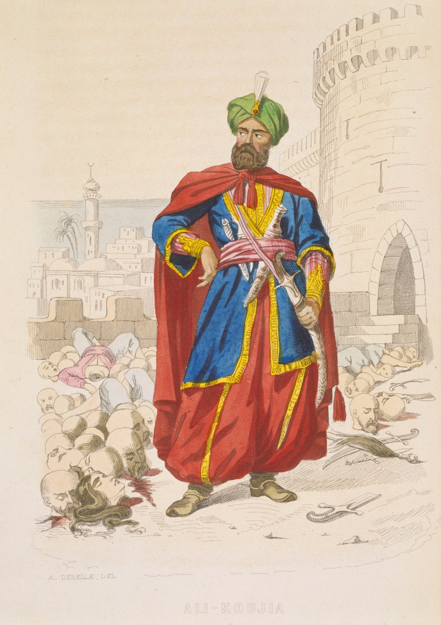 1816-1818 年阿尔及尔统治者阿里-霍贾（Ali Khoja），头戴绿色头巾，手持利剑，光彩照人，周围是 1816 年轰炸后被击败的敌人被砍下的头颅，19 世纪中叶（彩色雕刻）。 作者 亚历山大·德贝勒（Alexandre Debelle）