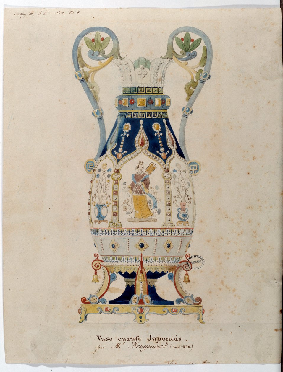 日式茶杯花瓶 亚历山大-埃瓦里斯特-弗拉戈纳尔（1780-1850）的水彩画 1832年塞夫勒。瓷器厂 作者 亚历山大·埃瓦里斯特·弗拉戈纳尔