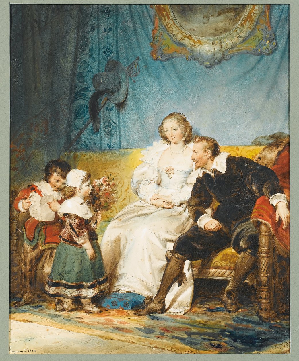 Rubens和Hélène Fourment坐在一起，Frans拿着一封信，Isabelle Hélène给他们一束玫瑰花。 作者 亚历山大·埃瓦里斯特·弗拉戈纳尔