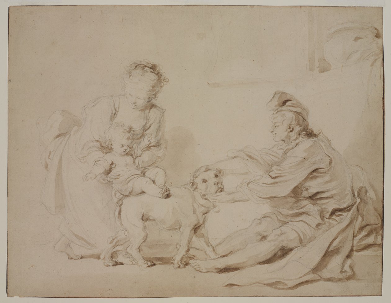 第一次骑马课（Lapremièreleçondéquitation），c.1778（古董纸上的石墨和棕色水洗） 作者 亚历山大·埃瓦里斯特·弗拉戈纳尔