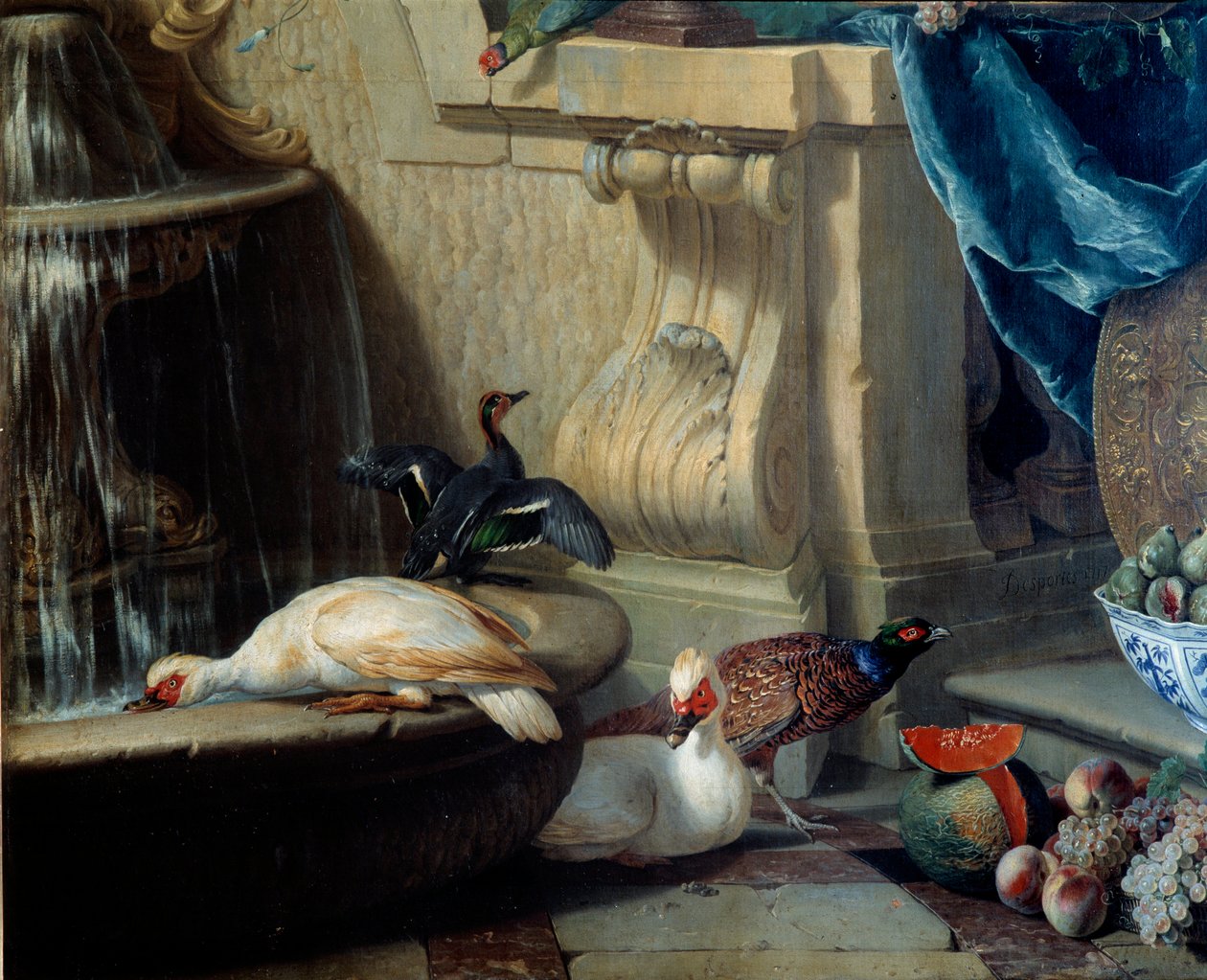 鸭子，野鸡，喷泉附近的水果 细节。 Francois Desportes (1661-1743) 的画作，18 世纪里昂，Musee des Beaux Arts 作者 亚历山大·弗朗索瓦·德斯波特