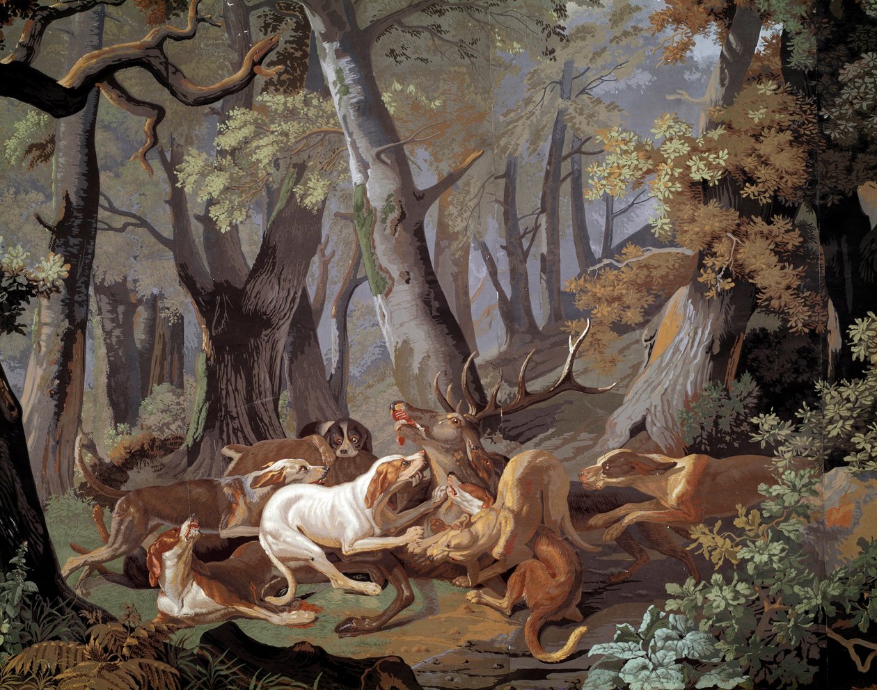 Stag Hunting Dussy 壁纸，由 Alexandre-Francois Desportes（1661-1743 年）绘制而成。 1851. 巴黎，装饰艺术 作者 亚历山大·弗朗索瓦·德斯波特