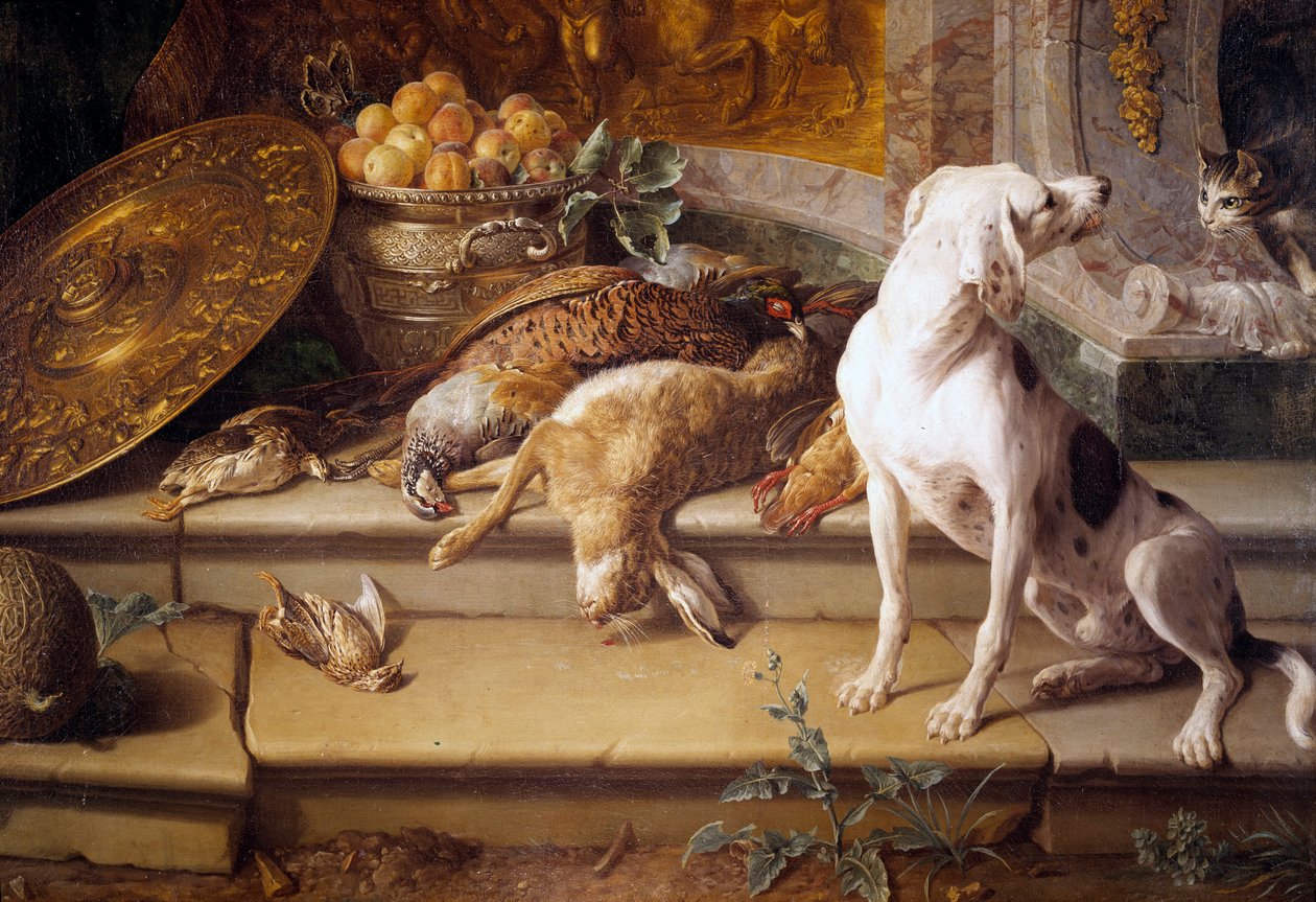 静物猎犬，游戏（野兔，野鸡，鹧鸪）细节。 Francois Desportes (1661-1743) 18 世纪 Gien 的绘画，狩猎博物馆 作者 亚历山大·弗朗索瓦·德斯波特