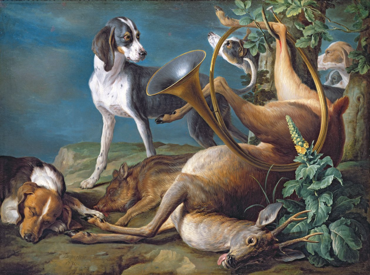 死亡游戏的静物与猎犬，1730年 作者 亚历山大·弗朗索瓦·德斯波特