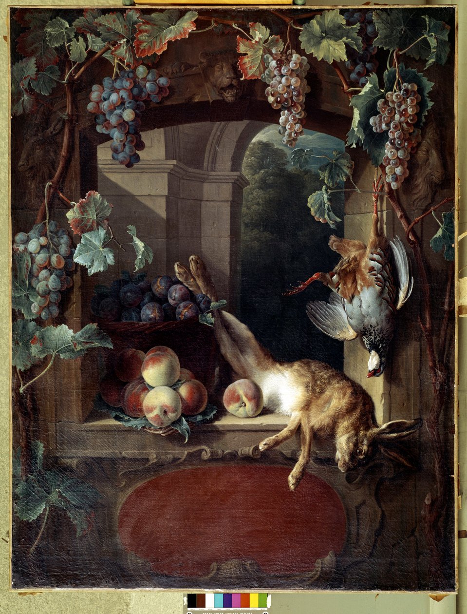 花架上的静物 葡萄、山毛榉和野味（野兔、死鸟） 画家：Francois Desportes (1661-1743) 18世纪 太阳。1,17x0,88米 里昂，艺术博物馆 作者 亚历山大·弗朗索瓦·德斯波特