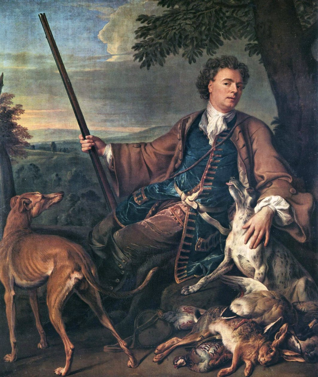法文：Portrait de M. Desportes peint par lui-même avec du gibier mort à ses pieds（艺术家作为猎人的肖像） 猎装自画像 作者 亚历山大·弗朗索瓦·德斯波特