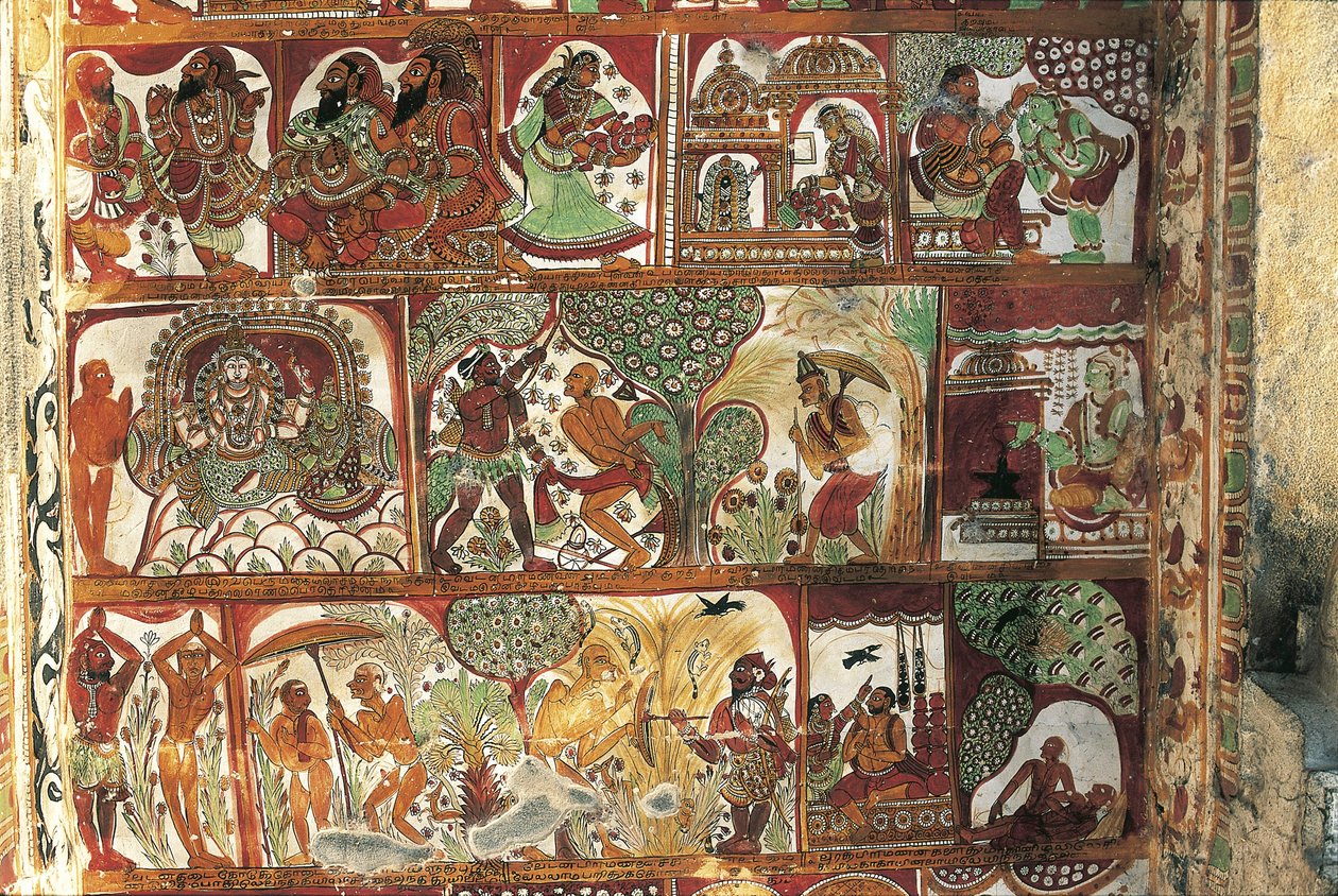 印度泰米尔纳德邦Chidambaram的Nataraya寺庙中描绘湿婆生活的壁画，5世纪。 作者 亚历山大·加布里埃尔（后）Decamps