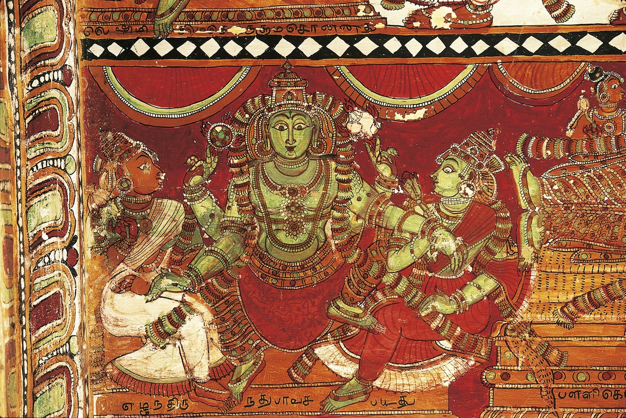 维斯努，印度泰米尔纳德邦Chidambaram的Nataraya寺庙中描绘湿婆生活的壁画的细节，5世纪。 作者 亚历山大·加布里埃尔（后）Decamps