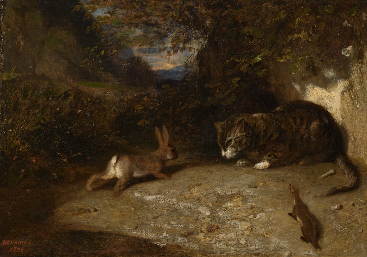 猫，鼬鼠和兔子，1836年 作者 亚历山大·加布里埃尔·戴尚
