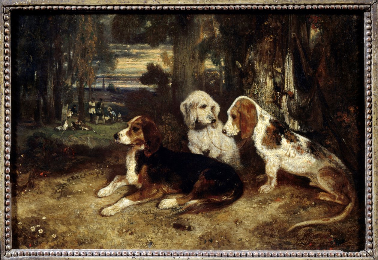 休息中的猎犬 亚历山大-加布里埃尔-德尚（1803-1860）的画作 1839年，太阳。0,26x0,37米 巴黎，卢浮宫博物馆。 作者 亚历山大·加布里埃尔·戴尚