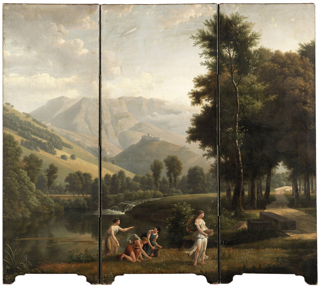 阿卡狄亚的风景，处女处在河边，超越山顶的城堡，1801年 作者 亚历山大·海辛斯·杜努伊（Alexandre Hyacinthe Dunouy）