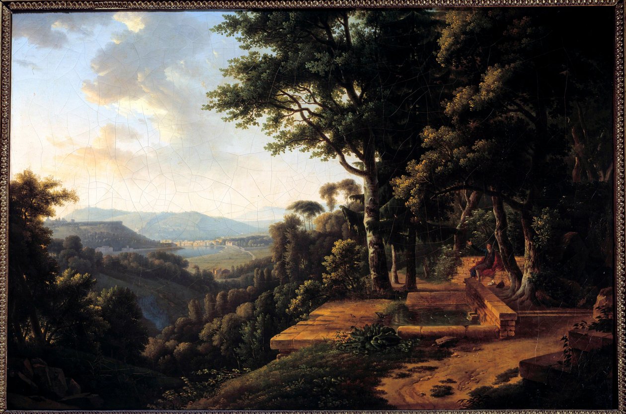 哲学家让·雅克·卢梭 (1712-1778) 于 1770 年在里昂附近的 Parc de la Rochecordon 打坐 Alexandre Hyacinthe Dunouy (1757-1841) 绘画 18 世纪巴黎，Marmottan 博物馆 作者 亚历山大·海辛斯·杜努伊（Alexandre Hyacinthe Dunouy）