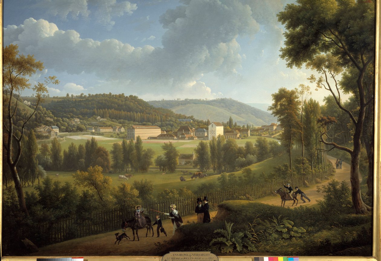 Jouy en Josas (Jouy-En-Josas) 村与 Oberkampf（1738 - 1815 年）于 1785 年创立的工厂的景色。 亚历山大·杜努伊 (1757-1841) 的绘画 作者 亚历山大·海辛斯·杜努伊（Alexandre Hyacinthe Dunouy）