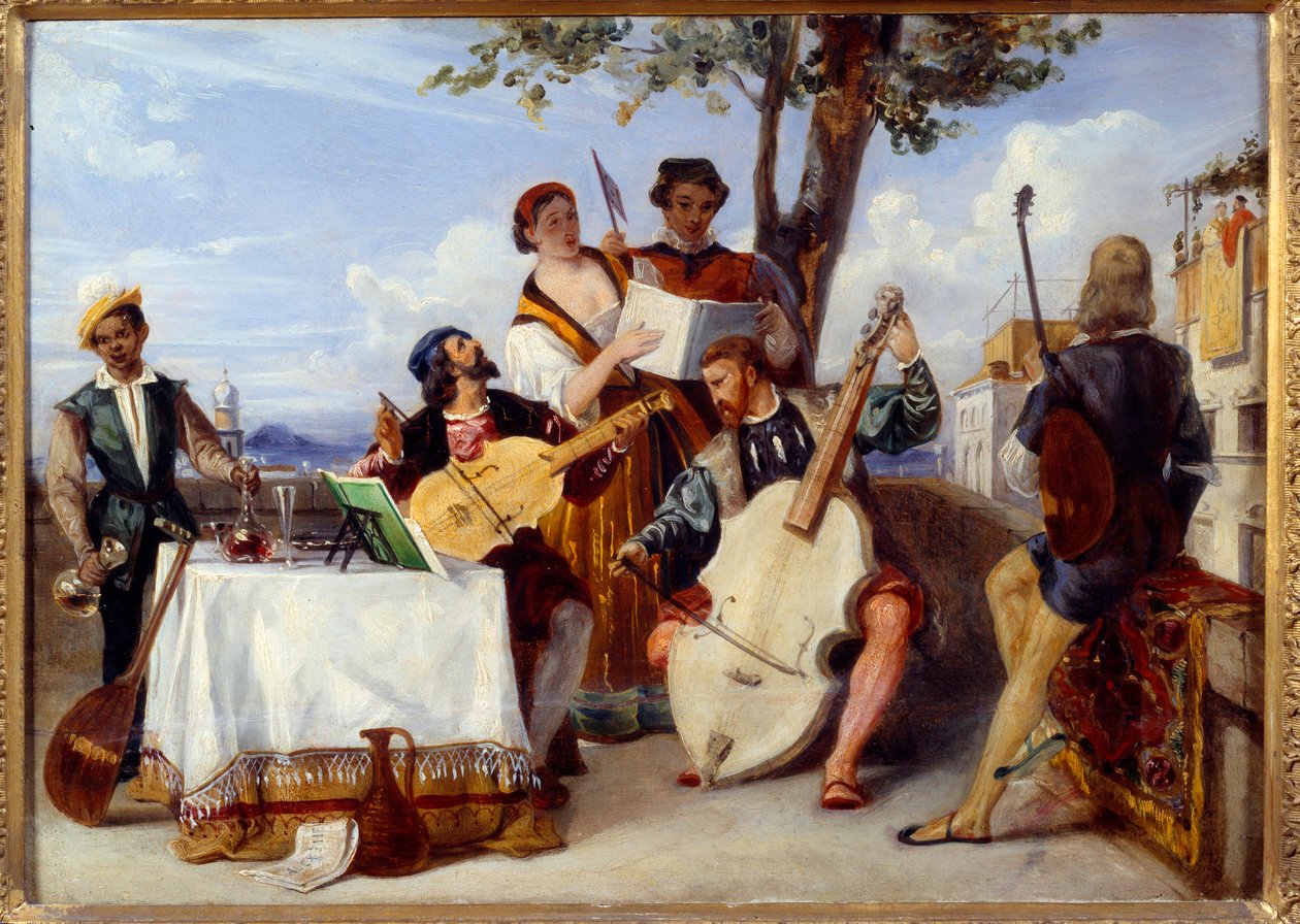 The Venitian Concert Musicians (cello, lute, violin) and singers on a terrace are served by a black servant. Painting by Alexandre Hesse (1806-1879) 19th century Nantes, Museum of Fine Arts 作者 亚历山大·让·巴蒂斯特·黑塞