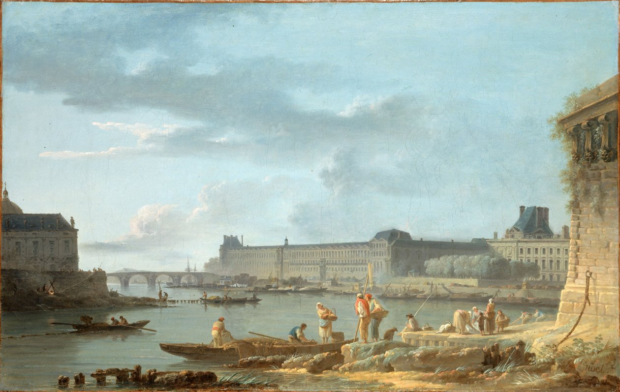 从 Pont-Neuf terre-plein 看皇家桥和卢浮宫，约 1780 年（布面油画） 作者 亚历山大·让·诺埃尔（Alexandre Jean Noel）