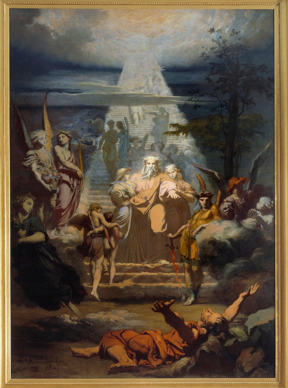 The ladder of Jacob Jacob, having left his land, fell asleep and dreamt of a great scale. Painting by Alexandre Laemlein (1813-1871) 作者 亚历山大·莱姆林（Alexandre Laemlein）