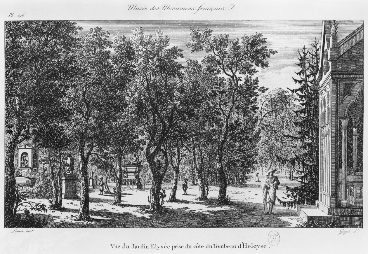 法国巴黎纪念碑博物馆，从Heloise和Abelard墓看到的Jardin Elysee，由Laurent Guyot（1756-1806）雕刻 作者 亚历山大·玛丽·莱诺瓦（Alexandre Marie Lenoir）