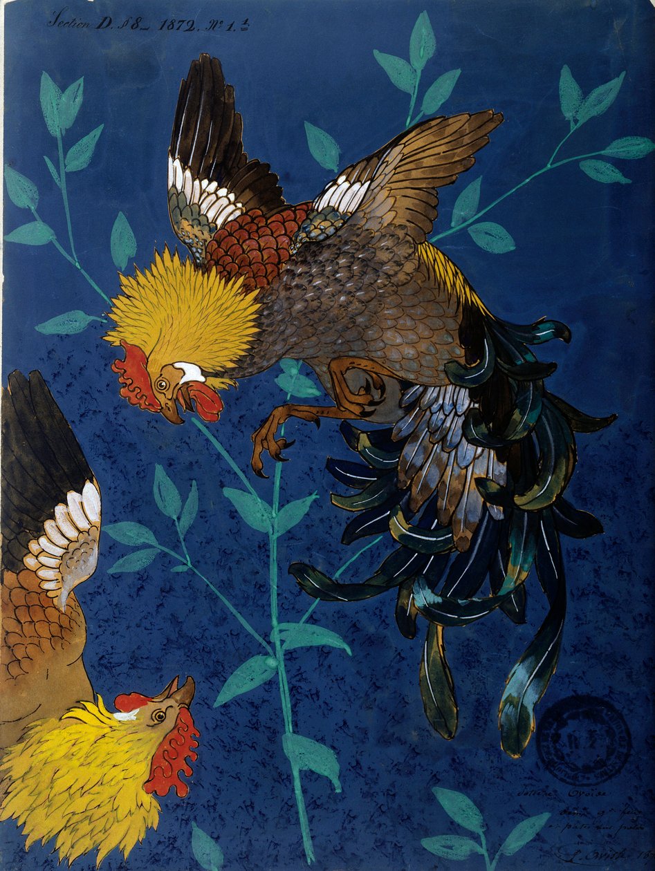代表一种公鸡的花瓶的装饰。保罗-亚历山大（Paul-Alexandre）-艾维斯（1824-1886）的绘画作品 作者 亚历山大·保罗·阿维斯（Alexandre Paul Avisse）